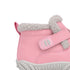 A close-up of a pink winter boot featuring a plush light gray faux-fur collar and a matching gray hook-and-loop strap closure on a white background.