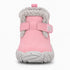 A pink children's winter bootie with a gray faux-fur collar, a hook-and-loop strap closure, and a thick gray treaded sole, shown from the back on a white background.