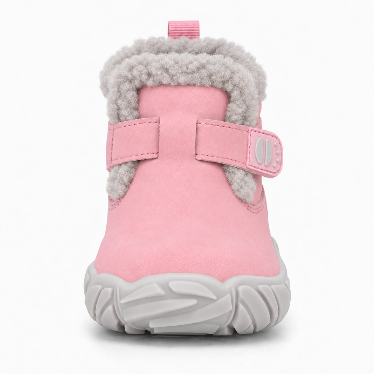 A pink children's winter bootie with a gray faux-fur collar, a hook-and-loop strap closure, and a thick gray treaded sole, shown from the back on a white background.