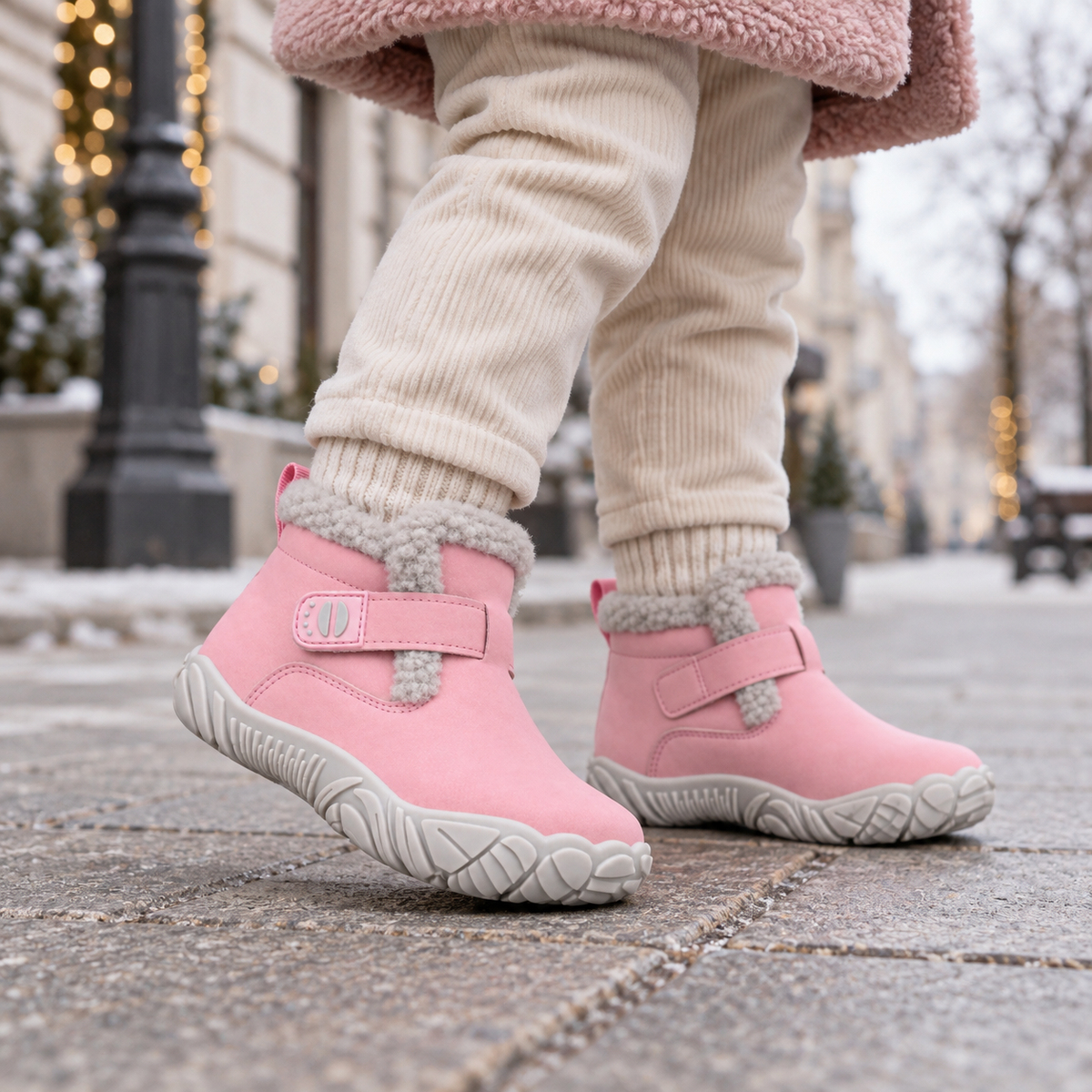 A child wearing pink winter ankle boots with gray faux-fur trim and beige ribbed cuffed pants, standing on a paved outdoor street.