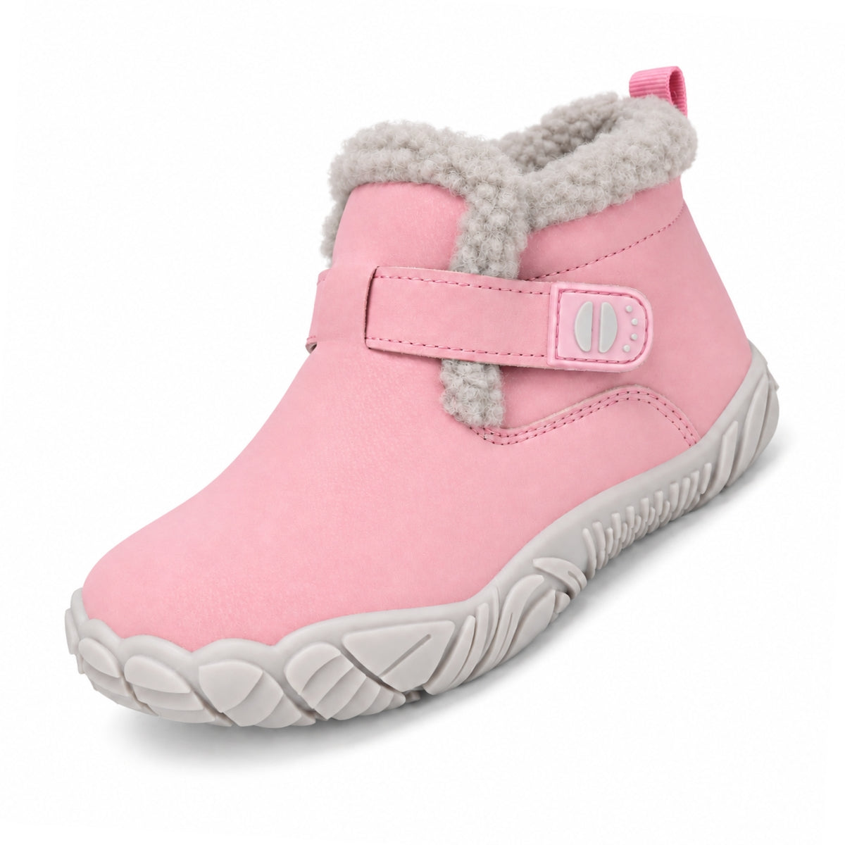 A pink ankle-height winter boot with a gray faux-fur lining and a gray sole, shown on a clean white background.