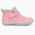 A pink ankle boot with a light gray sole, gray faux-fur trim at the collar, and a matching pink hook-and-loop strap closure, shown from a side profile on a white background.
