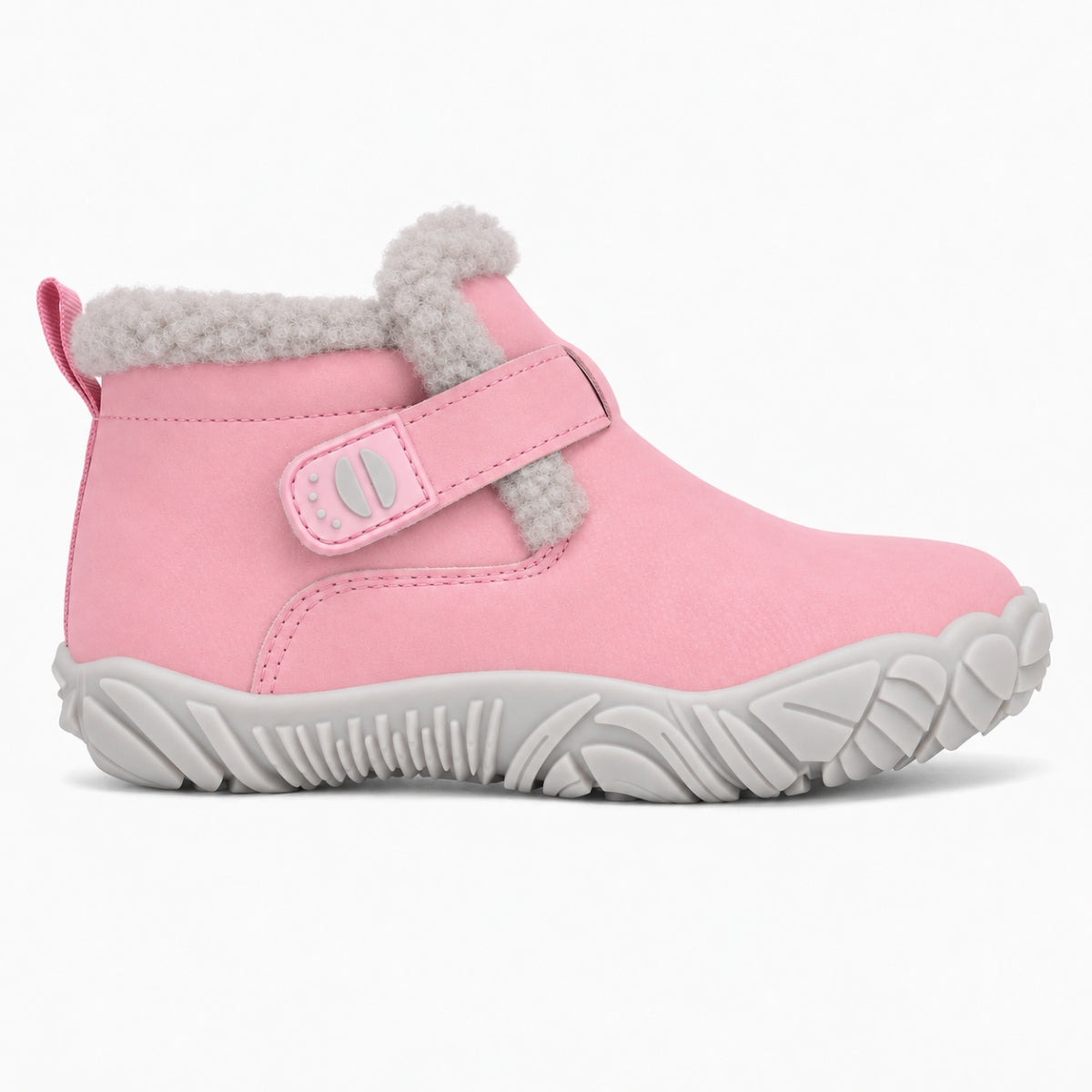 A pink ankle boot with a light gray sole, gray faux-fur trim at the collar, and a matching pink hook-and-loop strap closure, shown from a side profile on a white background.