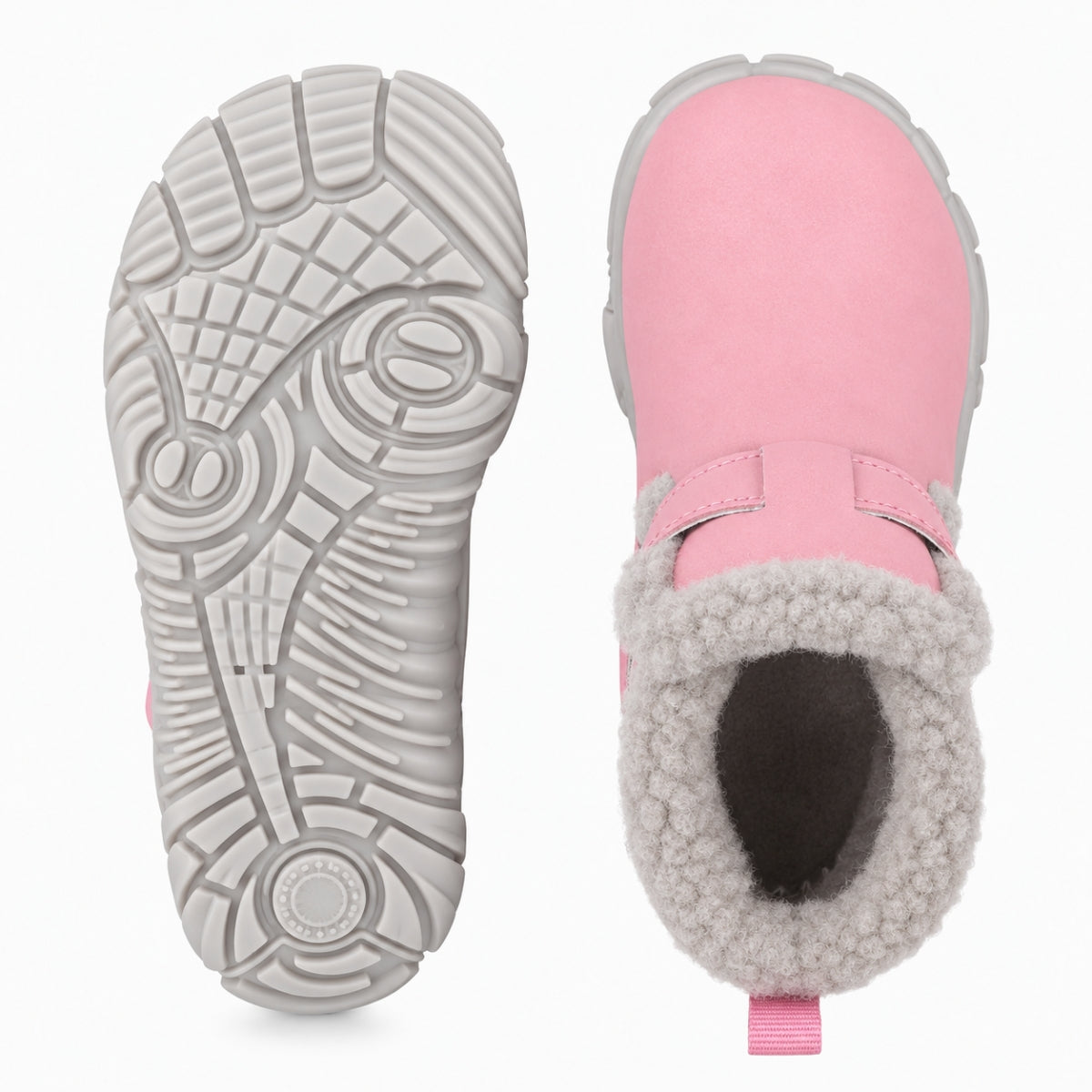 A pair of children's pink slip-on winter boots with a gray faux-fur collar, shown from both the top and the sole view against a white background.